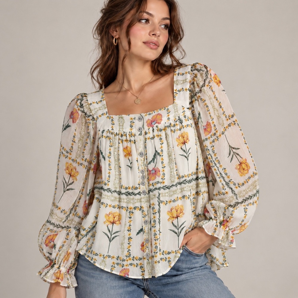 LC Lauren Conrad Floral Square Neck Blouse S White Yellow Dainty Whimsical